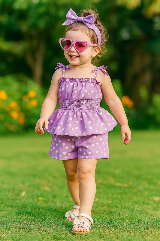 SHEIN Baby Heart Print Bow Shoulder Peplum Cami Romper & Headband