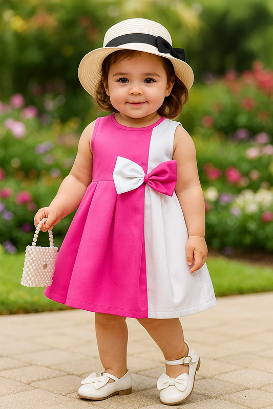 SHEIN Baby Two Tone Bow Front Pleated Detail Dress