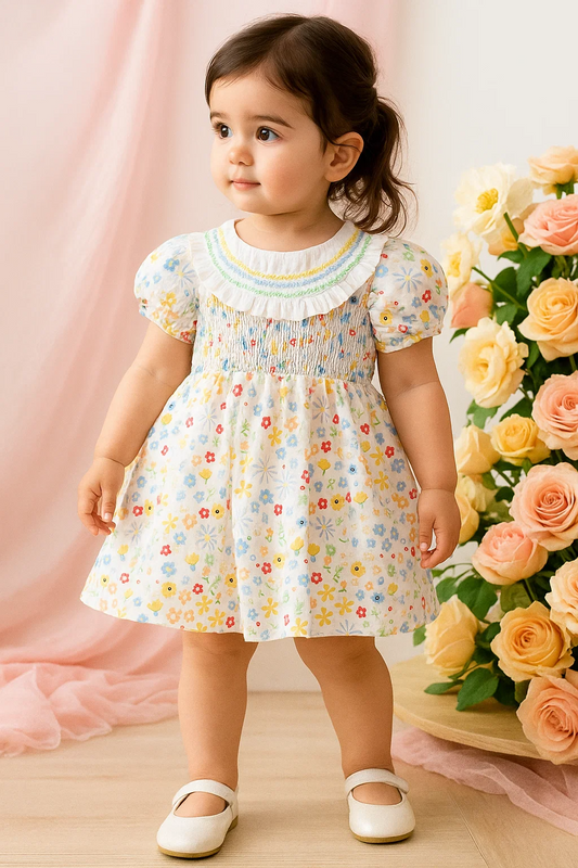SHEIN Summer New Casual Elegant Cute Style Floral Print Bubble Sleeve Dress For Baby Girls