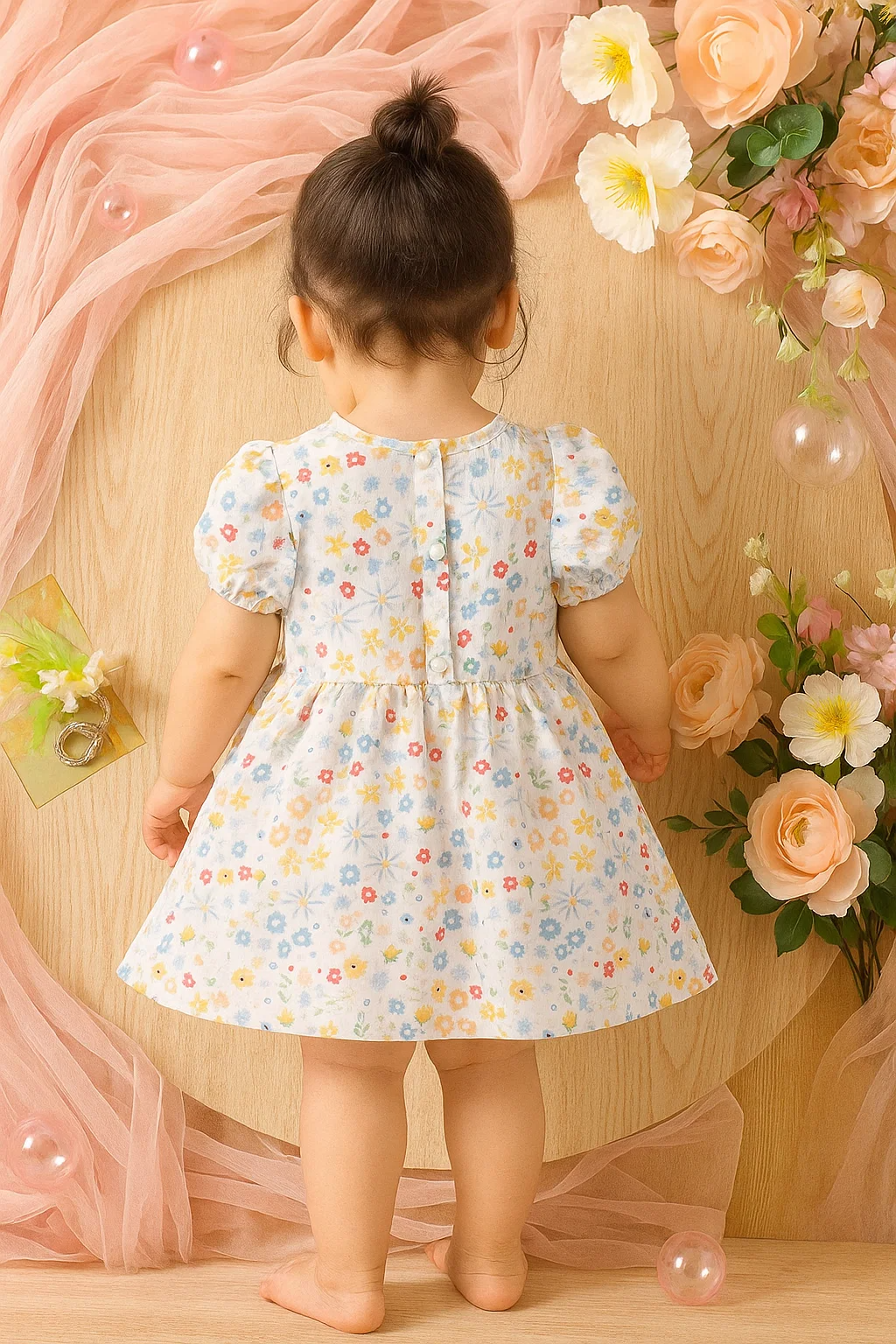 SHEIN Summer New Casual Elegant Cute Style Floral Print Bubble Sleeve Dress For Baby Girls