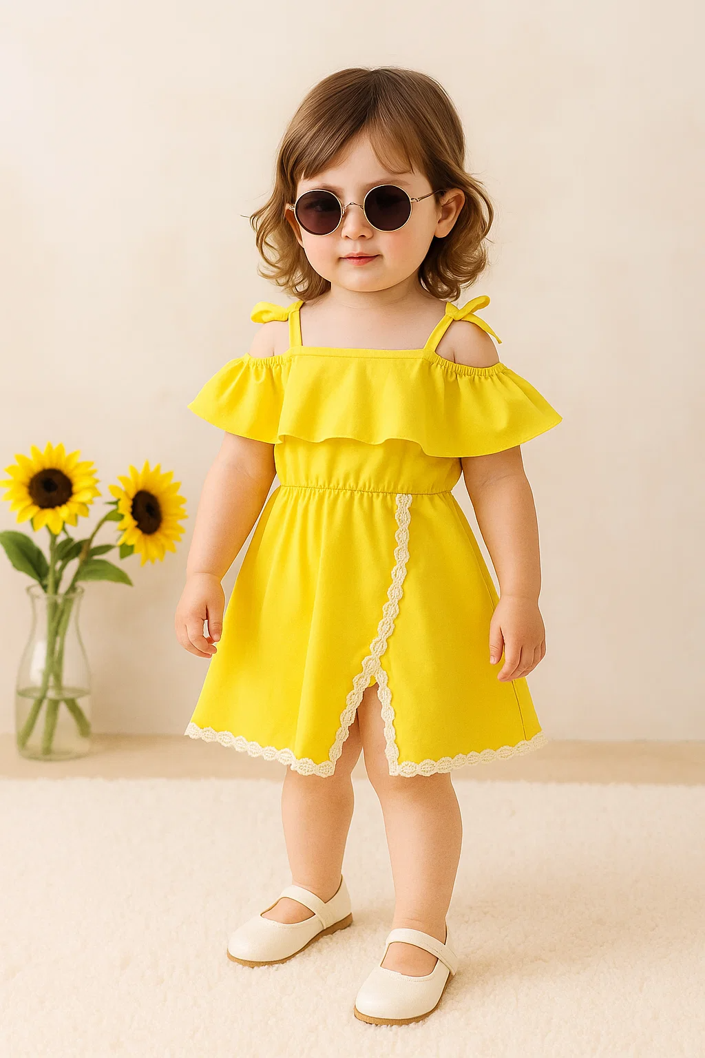 Young Girl's Hollow Out Cutout Shoulder Ruffles De cor Split Hem Dress For Summer