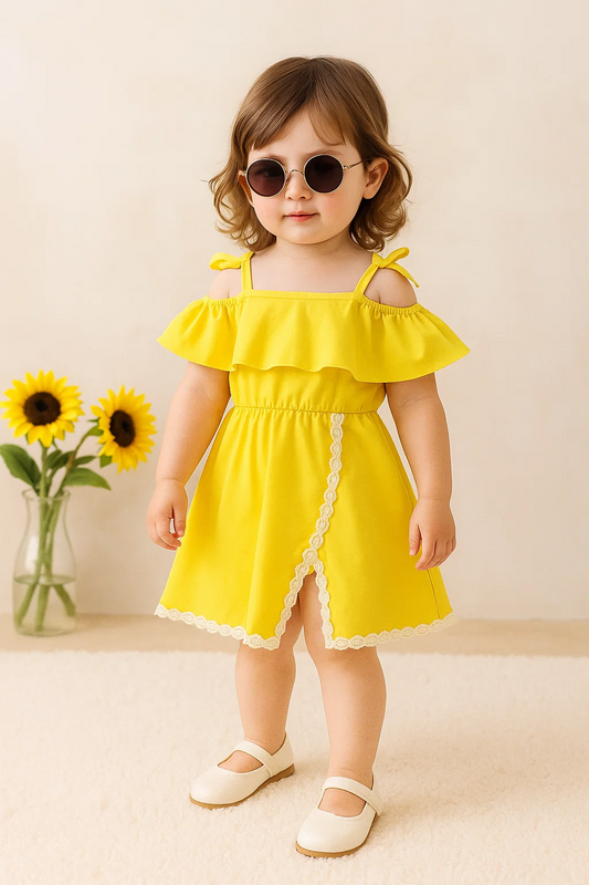 Young Girl's Hollow Out Cutout Shoulder Ruffles De cor Split Hem Dress For Summer