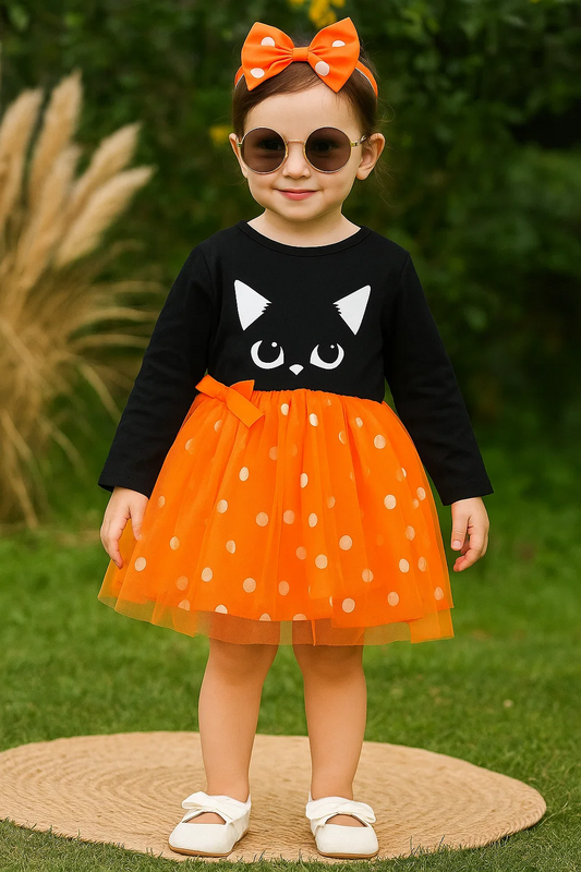 SHEIN Baby Polka Dot Cat Print Mesh Hem Dress