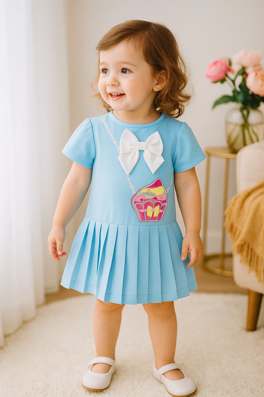 SHEIN Baby Girl Bag Print Bow Decor Pleated Hem Summer Dress