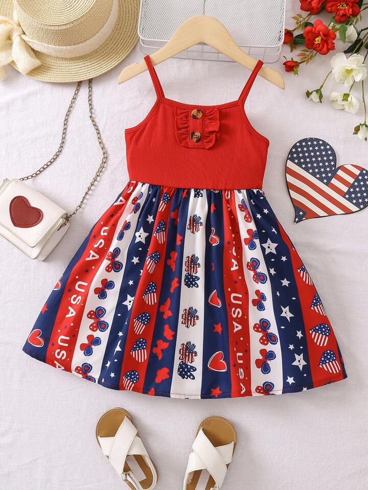 SHEIN Toddler Girls Heart & Americana Floral Print Ruffle Dress