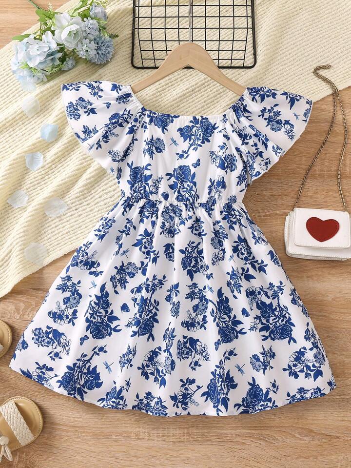 SHEIN Toddler Girls Floral Print Butterfly Sleeve Dress