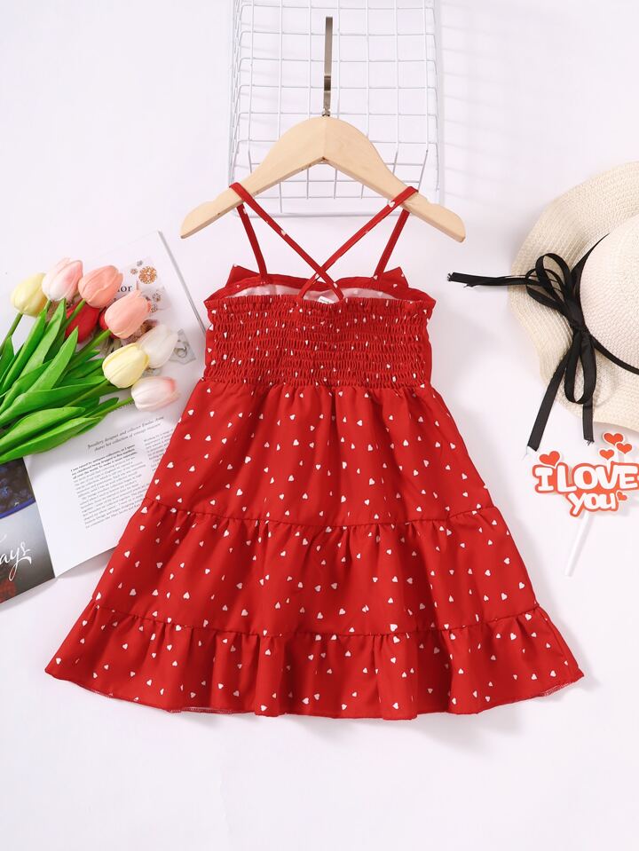SHEIN Toddler Girls Confetti Heart Print Bow Front Ruffle Dress