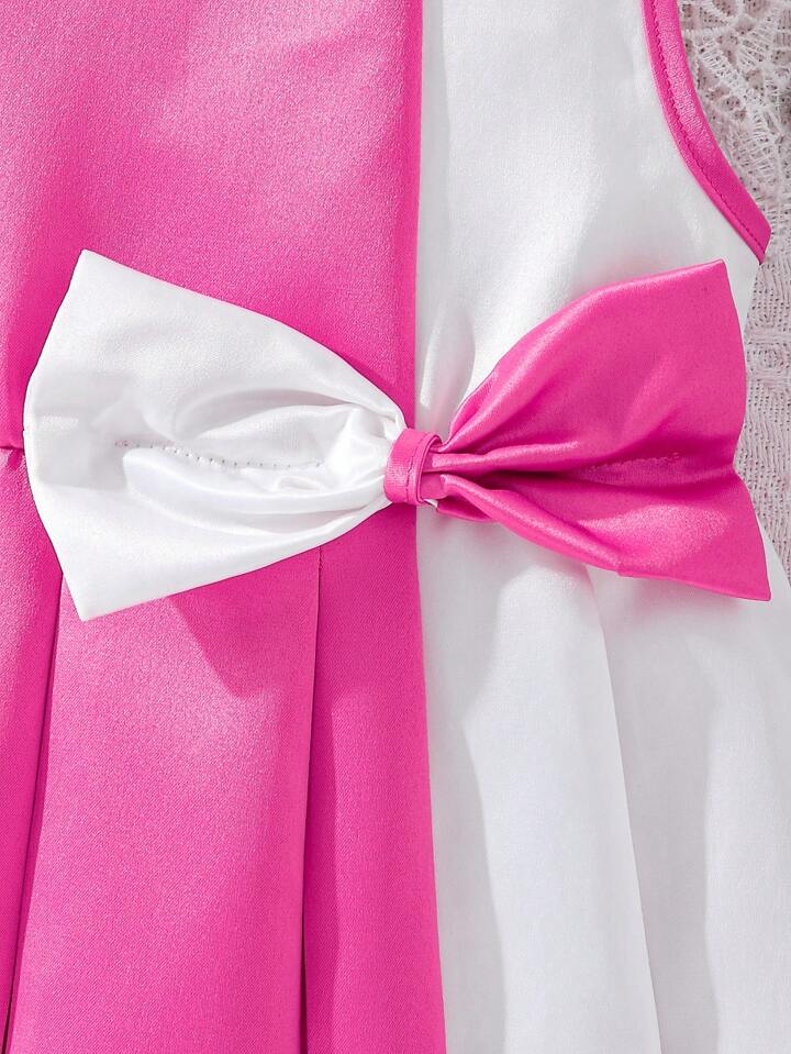 SHEIN Baby Two Tone Bow Front Pleated Detail Dress