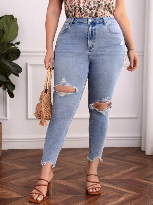 SHEIN Plus Ripped Raw Cut Skinny Jeans