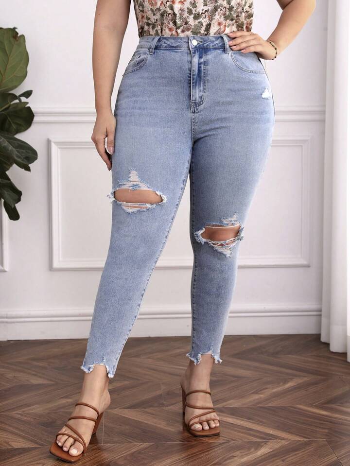 SHEIN Plus Ripped Raw Cut Skinny Jeans