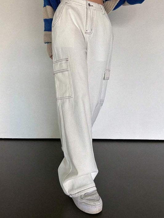 SHEIN High Waisted Stitch Detail Cargo Jeans