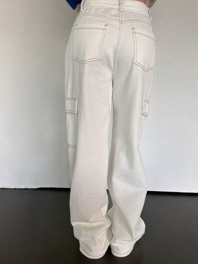 SHEIN High Waisted Stitch Detail Cargo Jeans