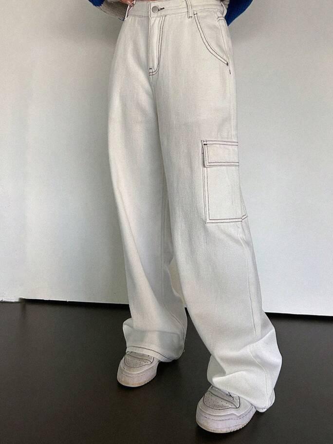 SHEIN High Waisted Stitch Detail Cargo Jeans