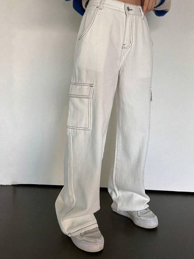 SHEIN High Waisted Stitch Detail Cargo Jeans