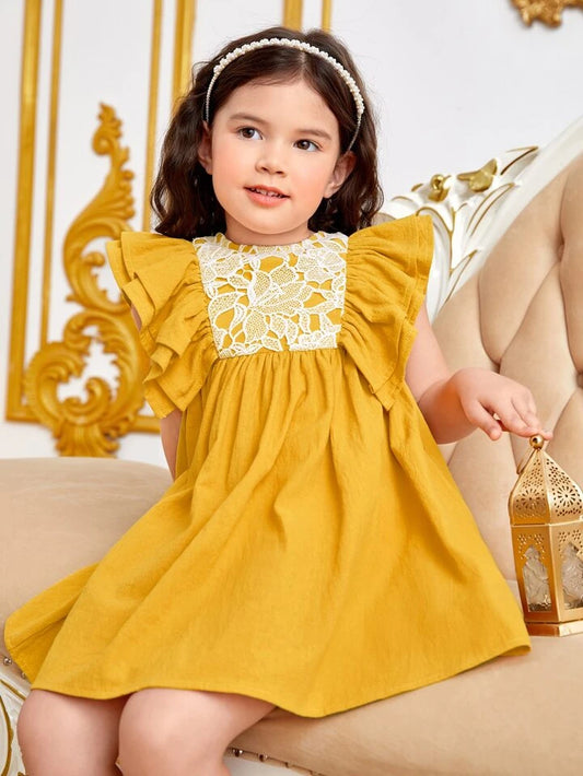 SHEIN Toddler Girls Contrast Lace Ruffle Trim Bow Back Dress