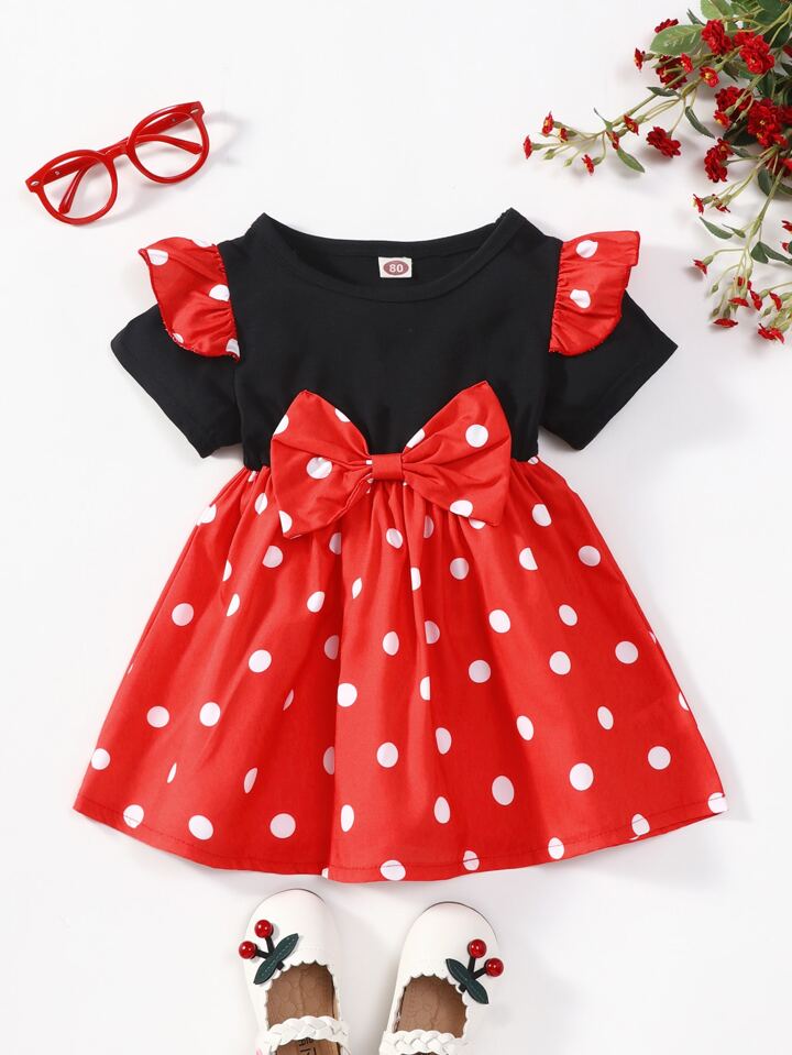 SHEIN Baby Polka Dot Ruffle Trim Bow Front Dress