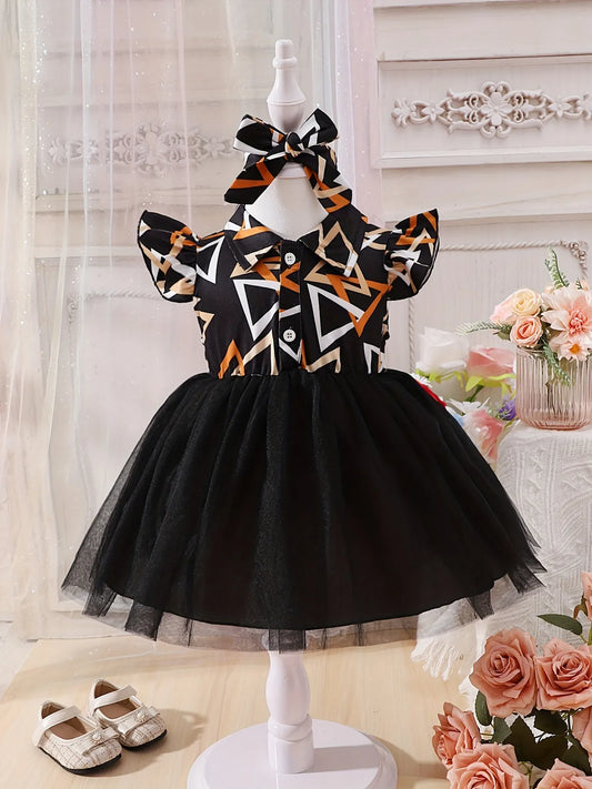 SHEIN Flying Sleeve Mesh Princess Skirt & Toddler Stylish Patchwork Shirt Dress