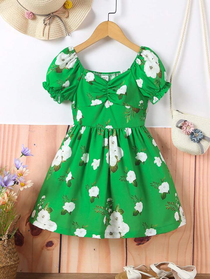 SHEIN Young Girl Floral Print Ruched Puff Sleeve Dress