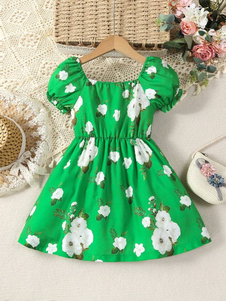SHEIN Young Girl Floral Print Ruched Puff Sleeve Dress