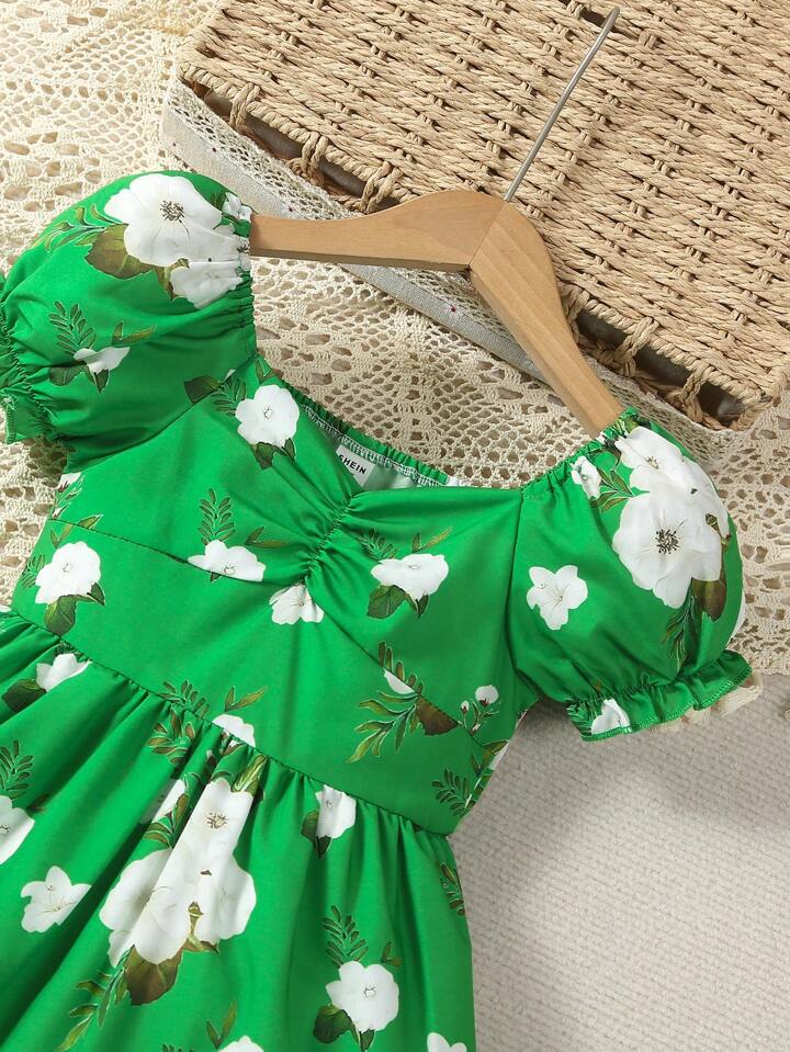 SHEIN Young Girl Floral Print Ruched Puff Sleeve Dress