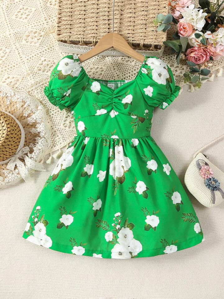 SHEIN Young Girl Floral Print Ruched Puff Sleeve Dress