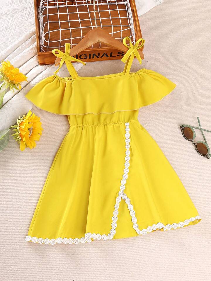 Young Girl's Hollow Out Cutout Shoulder Ruffles De cor Split Hem Dress For Summer