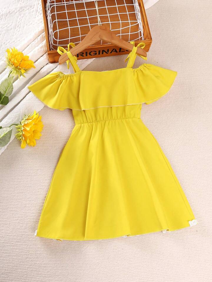 Young Girl's Hollow Out Cutout Shoulder Ruffles De cor Split Hem Dress For Summer