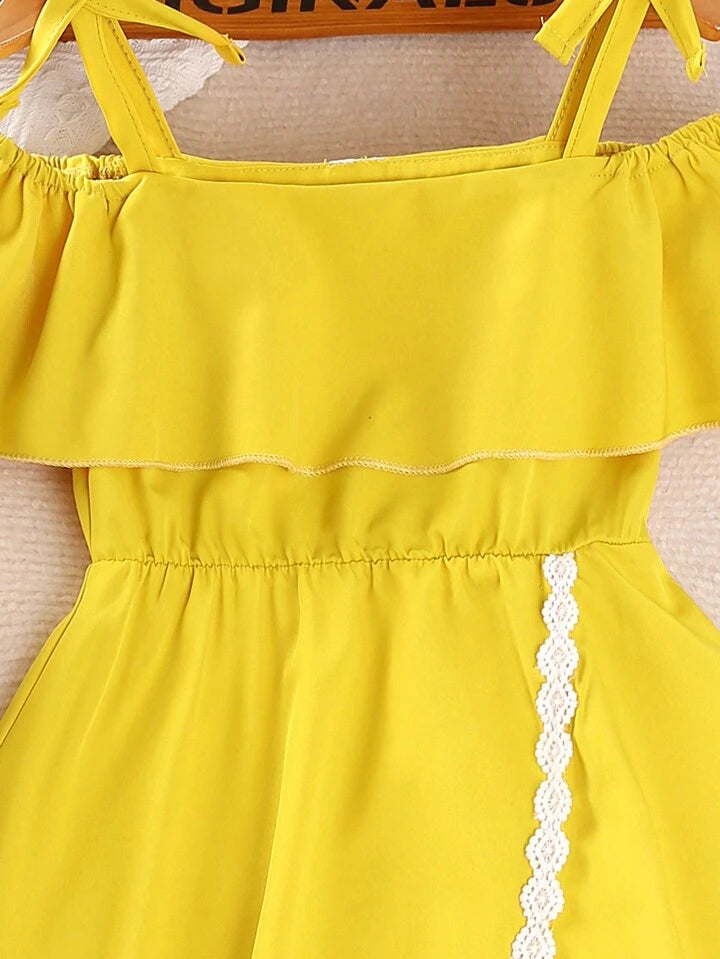 Young Girl's Hollow Out Cutout Shoulder Ruffles De cor Split Hem Dress For Summer