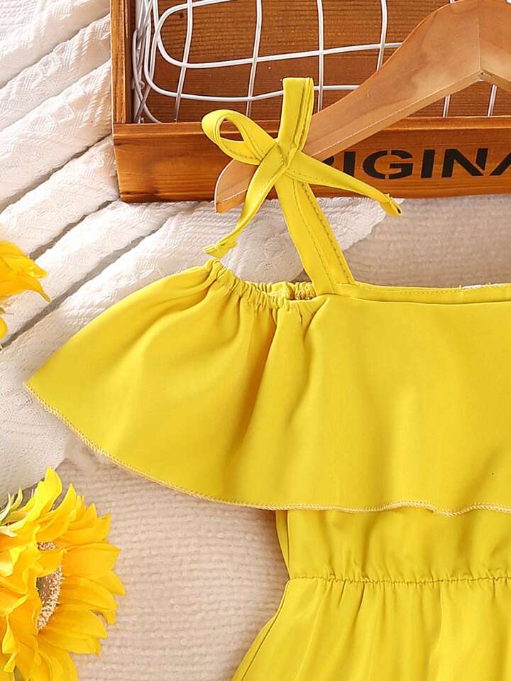 Young Girl's Hollow Out Cutout Shoulder Ruffles De cor Split Hem Dress For Summer