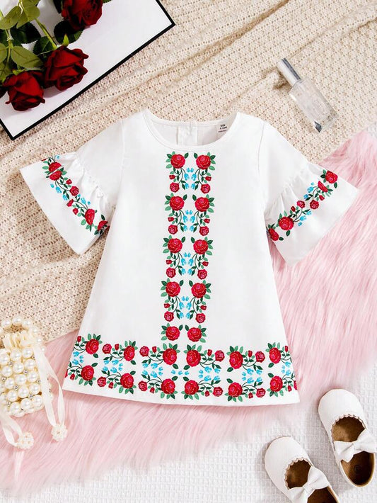 SHEIN Baby Girls' Bohemian Style Mid-Sleeve Straight Dress With Rose Pattern Print