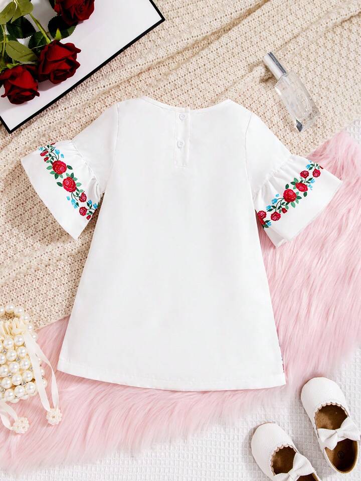 SHEIN Baby Girls' Bohemian Style Mid-Sleeve Straight Dress With Rose Pattern Print
