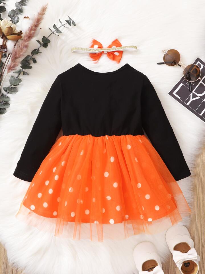 SHEIN Baby Polka Dot Cat Print Mesh Hem Dress