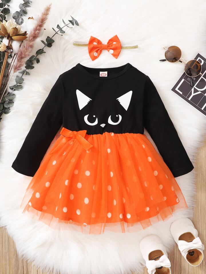 SHEIN Baby Polka Dot Cat Print Mesh Hem Dress