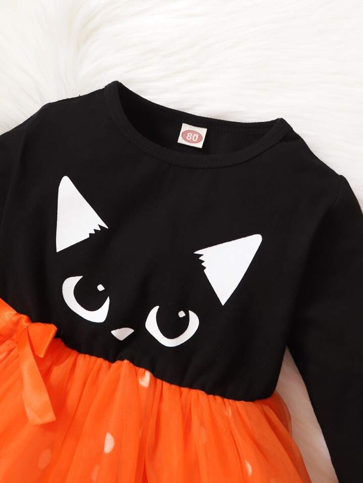 SHEIN Baby Polka Dot Cat Print Mesh Hem Dress