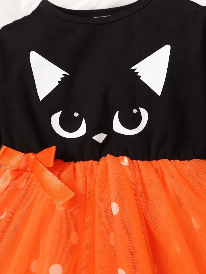 SHEIN Baby Polka Dot Cat Print Mesh Hem Dress