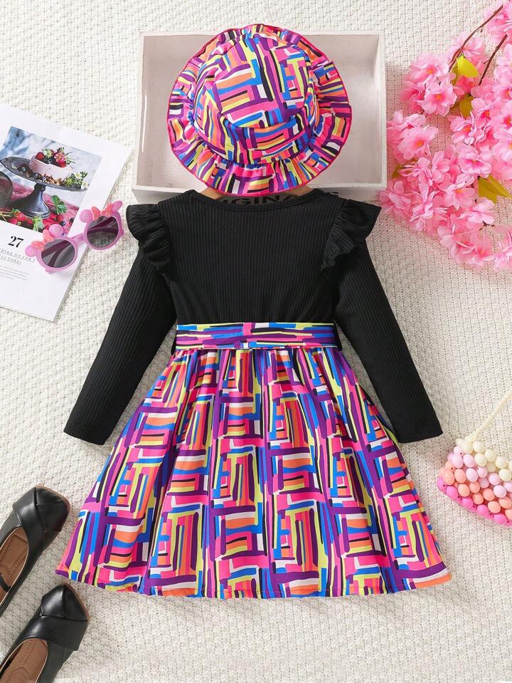 SHEIN Young Girl Letter Graphic Ruffle Trim Dress & Hat