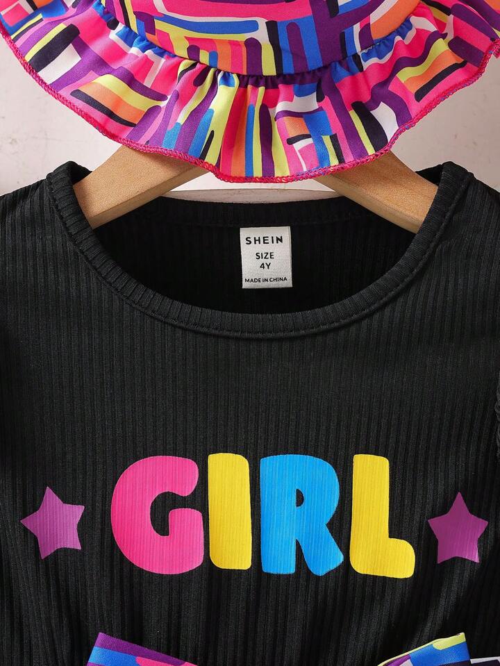SHEIN Young Girl Letter Graphic Ruffle Trim Dress & Hat