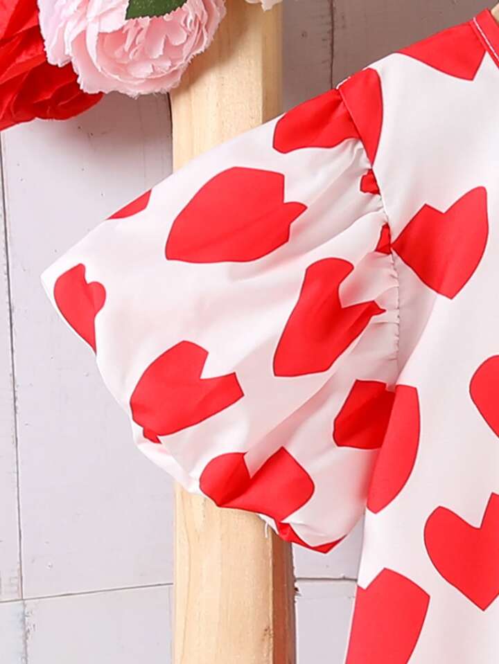 SHEIN Toddler Girls Heart Print Ruffle Hem Smock Dress