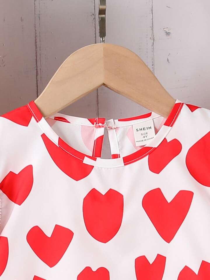 SHEIN Toddler Girls Heart Print Ruffle Hem Smock Dress