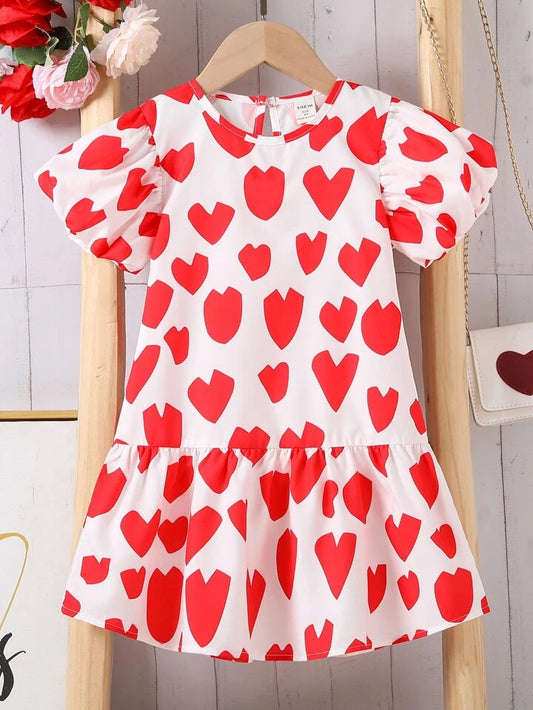 SHEIN Toddler Girls Heart Print Ruffle Hem Smock Dress