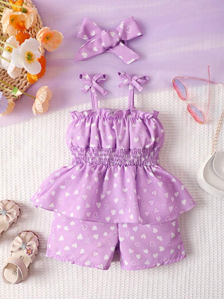 SHEIN Baby Heart Print Bow Shoulder Peplum Cami Romper & Headband