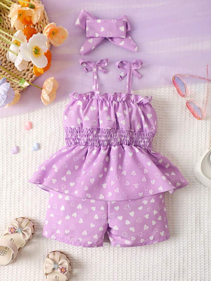 SHEIN Baby Heart Print Bow Shoulder Peplum Cami Romper & Headband