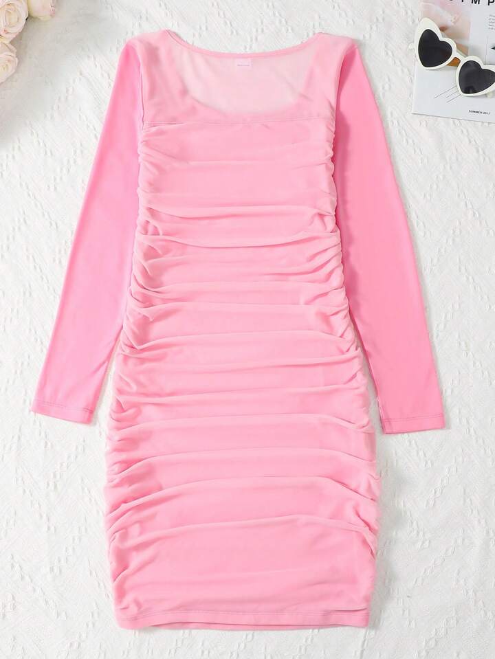 SHEIN Teen Girls' Knitted Plain Square Neck Mesh Pleated D etail Round Neck Long Sleeve Dress