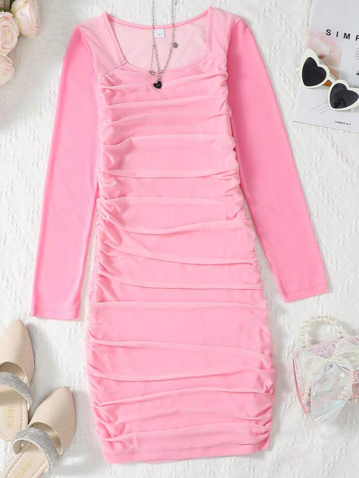 SHEIN Teen Girls' Knitted Plain Square Neck Mesh Pleated D etail Round Neck Long Sleeve Dress
