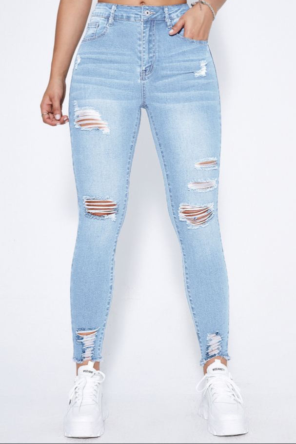 SHEIN Essence High Waist Ripped Moustache Effect Skinny Jeans