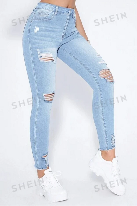 SHEIN Essence High Waist Ripped Moustache Effect Skinny Jeans