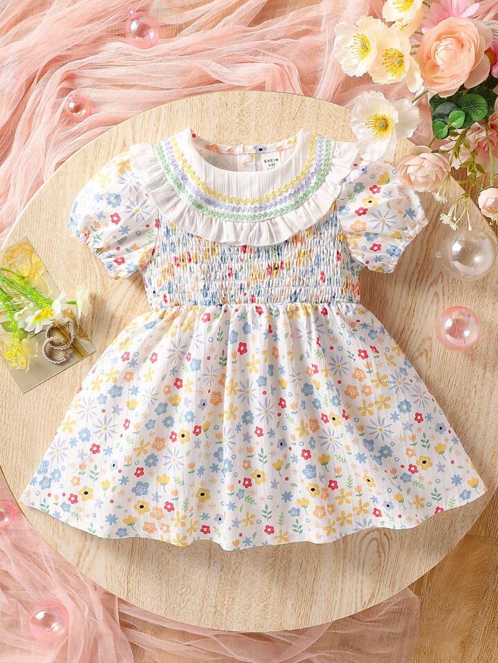 SHEIN Summer New Casual Elegant Cute Style Floral Print Bubble Sleeve Dress For Baby Girls