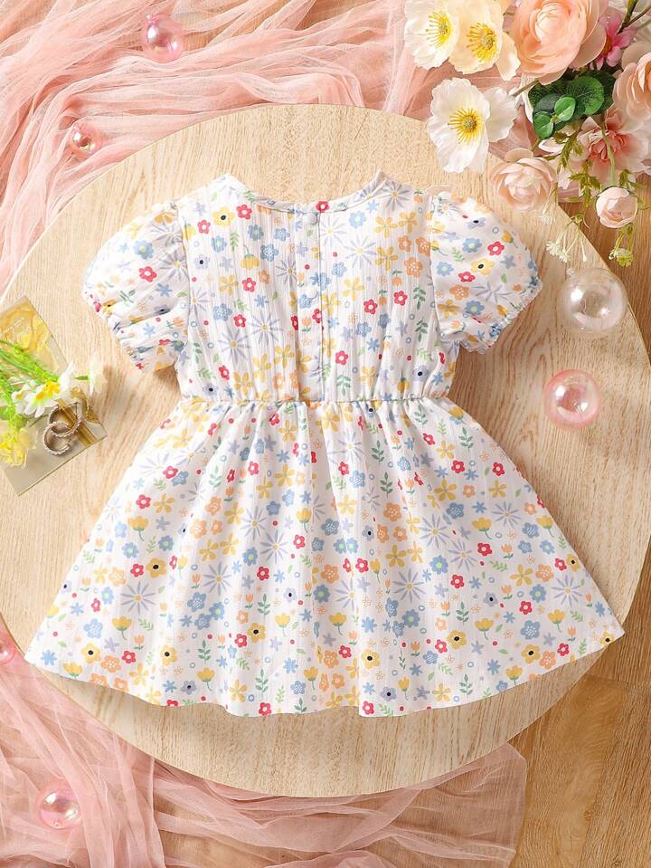 SHEIN Summer New Casual Elegant Cute Style Floral Print Bubble Sleeve Dress For Baby Girls