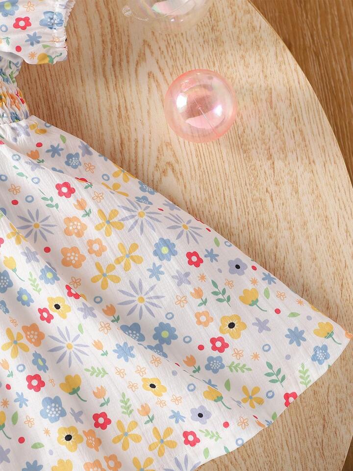 SHEIN Summer New Casual Elegant Cute Style Floral Print Bubble Sleeve Dress For Baby Girls