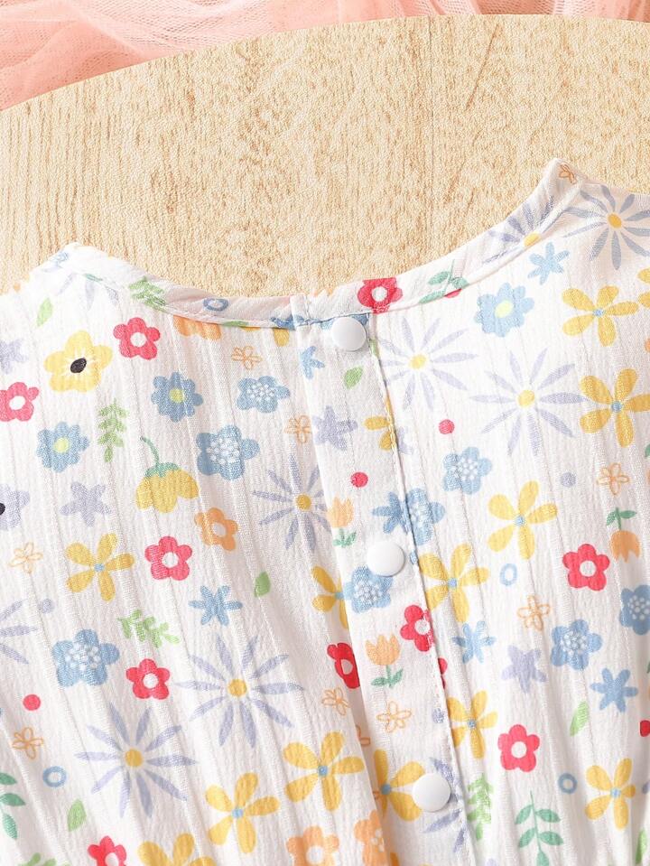 SHEIN Summer New Casual Elegant Cute Style Floral Print Bubble Sleeve Dress For Baby Girls